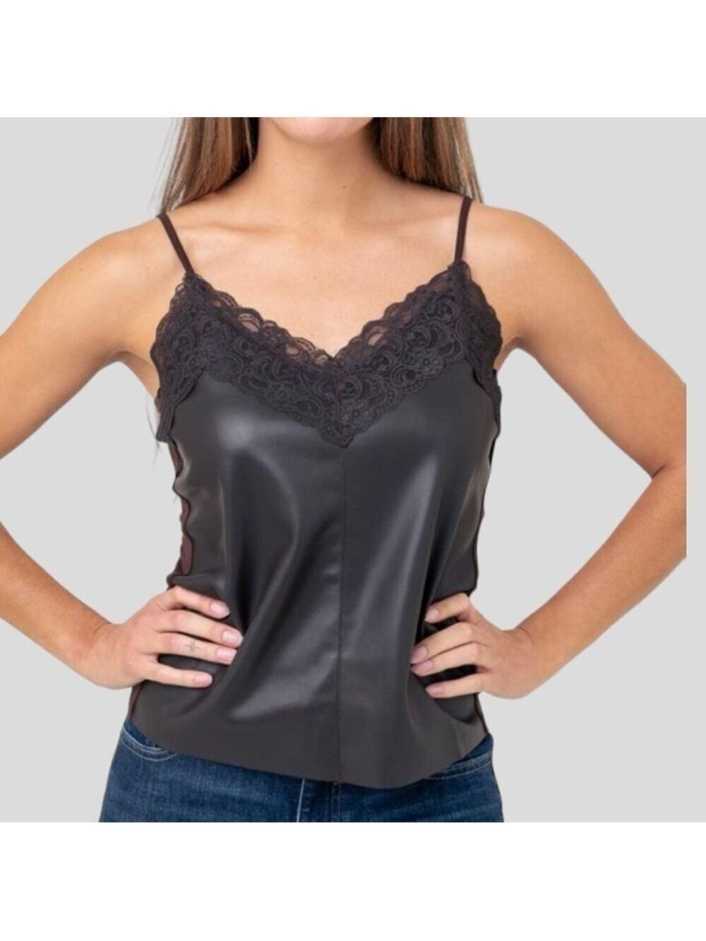 NWT Bishop+Young Babydoll Vegan Leather & Lace Trim Cami Tank Sz. XS Biker Luxe